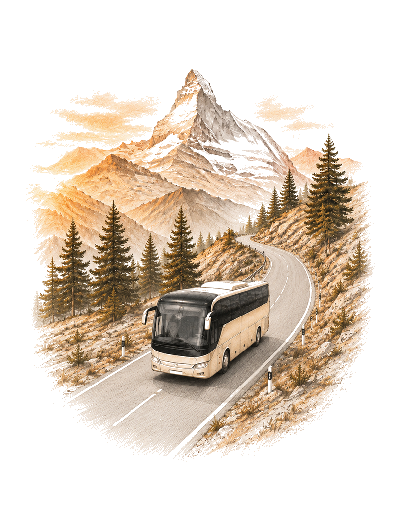 Camion et autocar sur une route de montagne